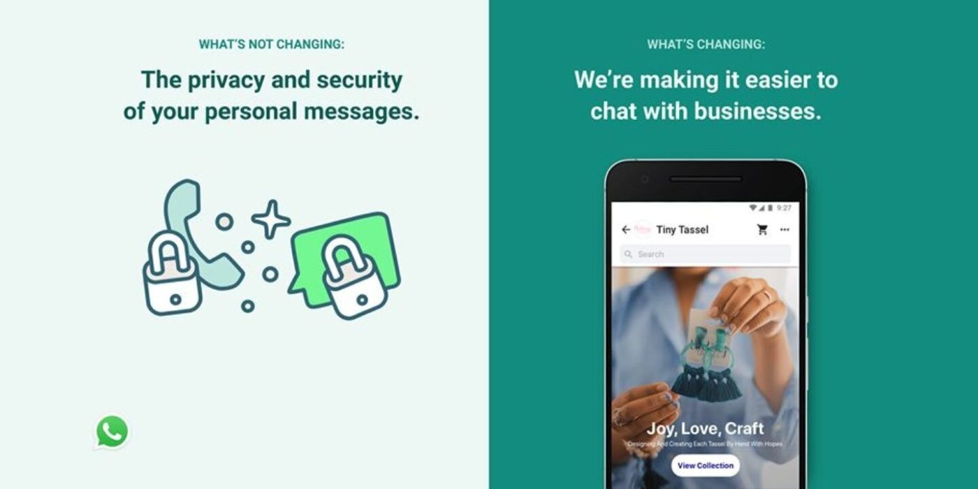 WhatsApp graphic about what's changing in its privacy policy and what's not