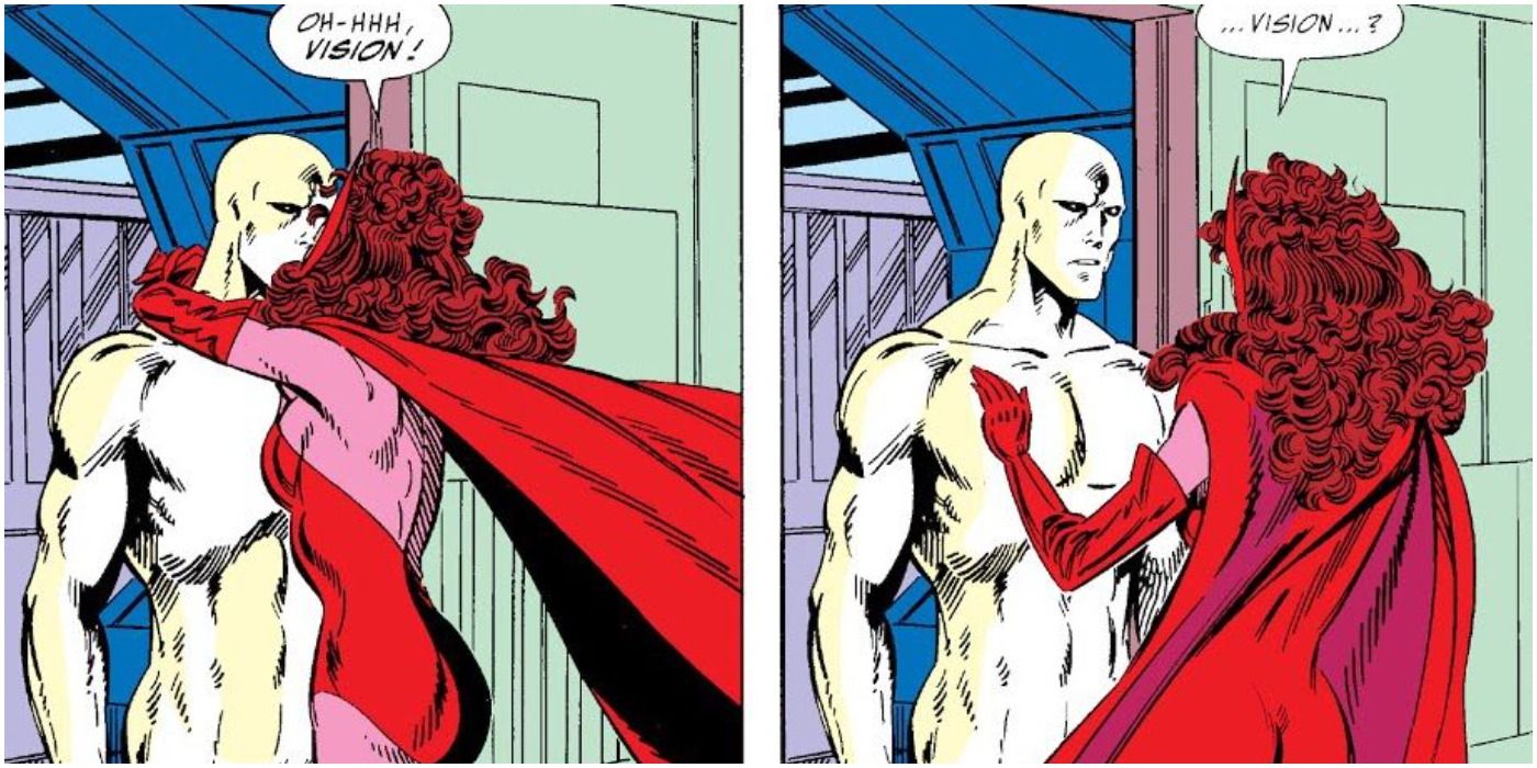 White Vision doesn't react to Scarlet Witch in Marvel Comics.