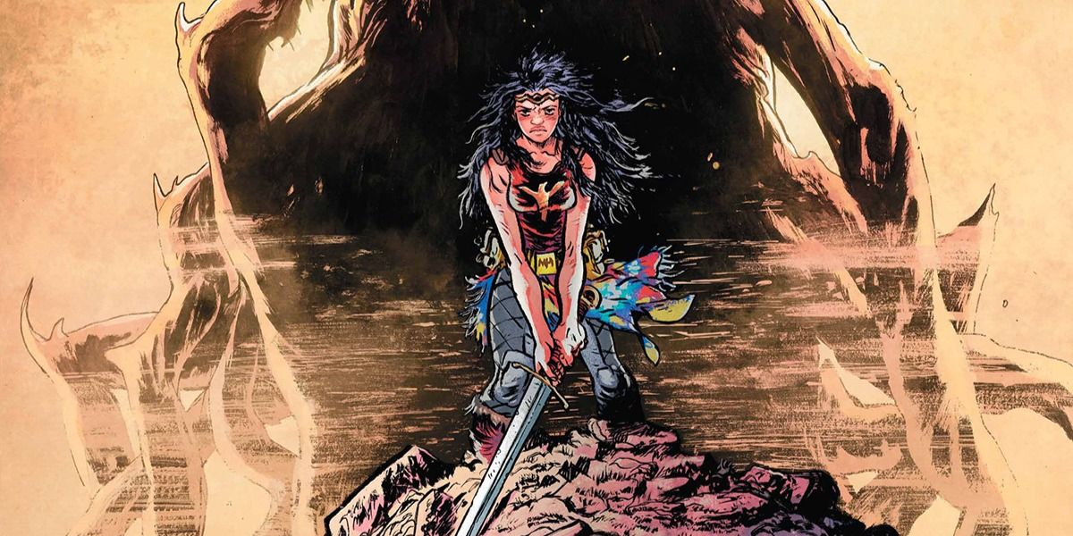 Wonder Woman holds a sword while a monster looms behind her.