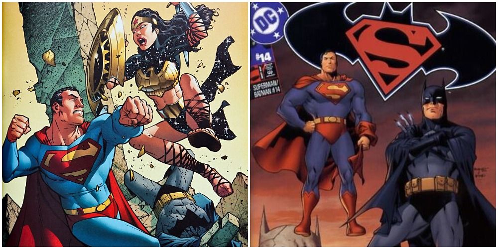 Split image of Wonder Woman fighting Superman and Batman.
