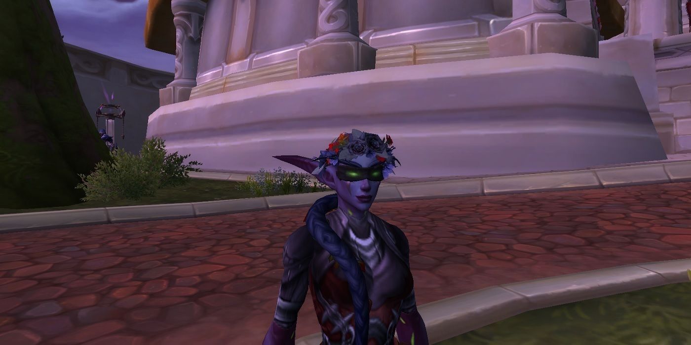 A Night Elf player character wears a flower crown, a Lunar Festival permanent transmog item in World of Warcraft