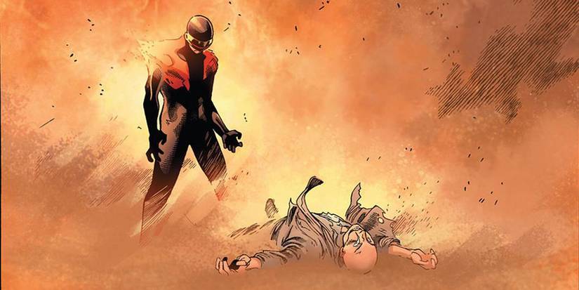 Comic book panel: Cyclops kills Professor X in Marvel Comics.