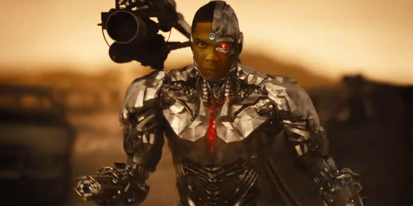 Cyborg aiming a cannon popping out of his shoulder in a still from Zack Snyder's Justice League