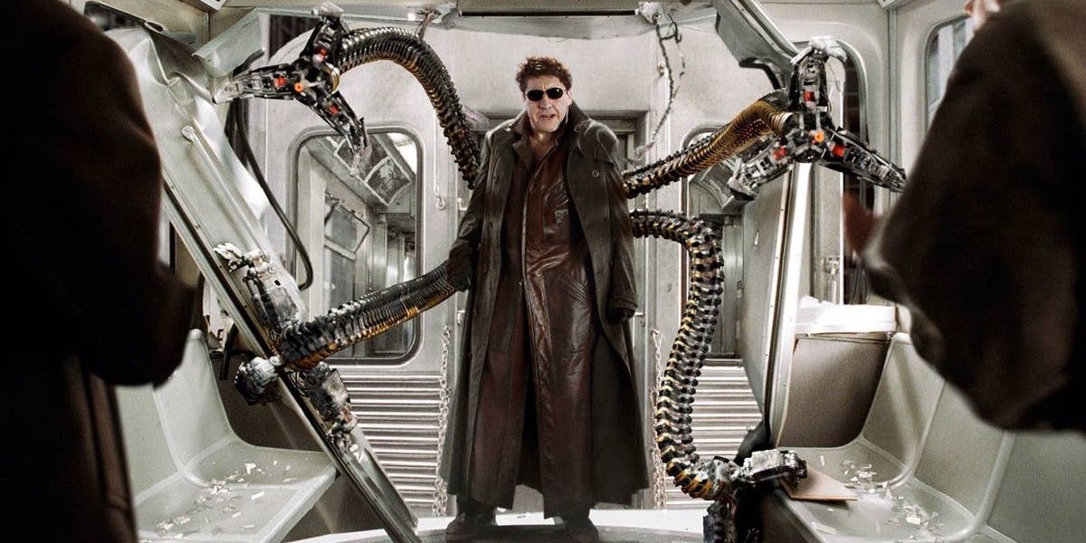 Alfred Molina as Doc Ock tearing apart an L-train in Spider-Man 2
