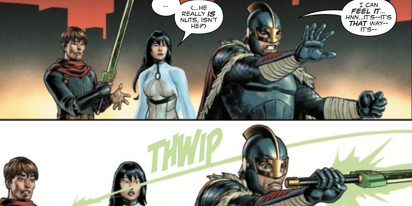 Black Knight, Sword Master, and Aero in King in Black: Black Knight #1.