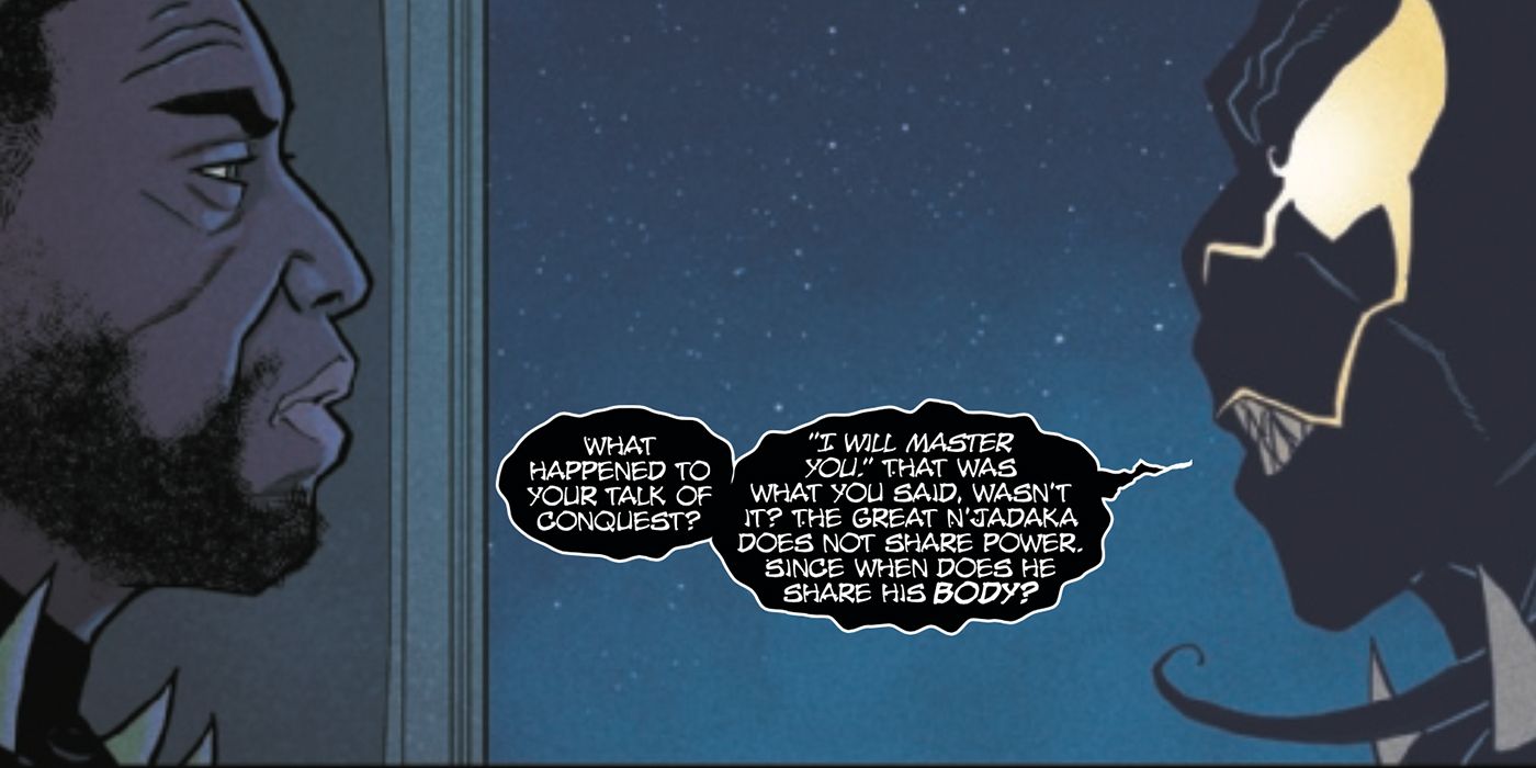Emperor N'Jadaka and symbiote Killmonger talk in Black Panther #23.