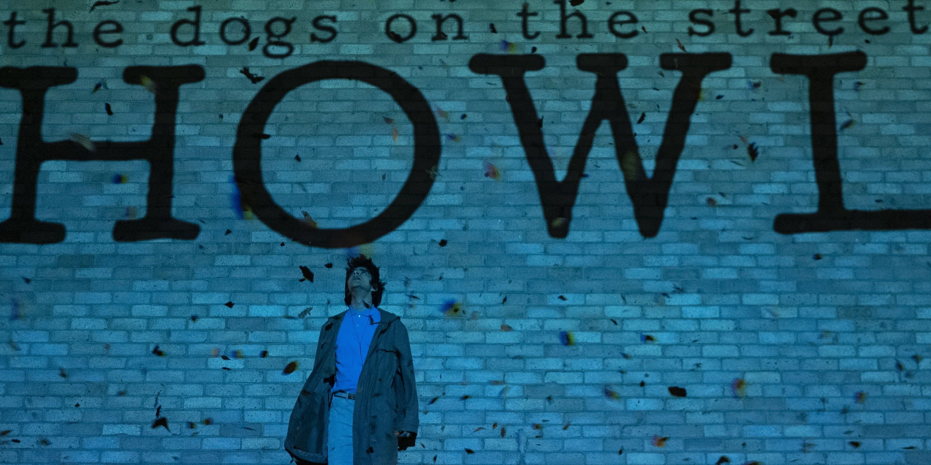 Javed standing against brick wall with the words &quot;The dogs on the street howl&quot; written above him