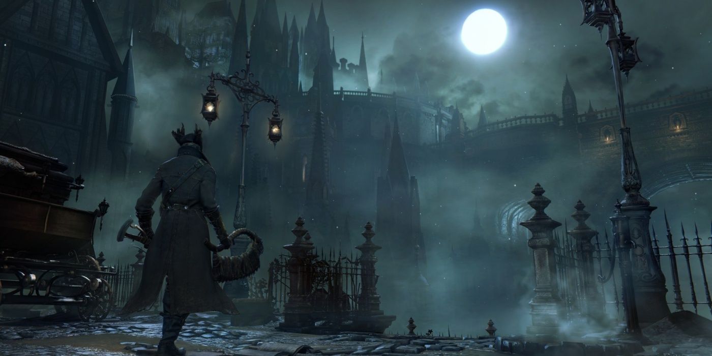 The Hunter looks out into Yharnam at night