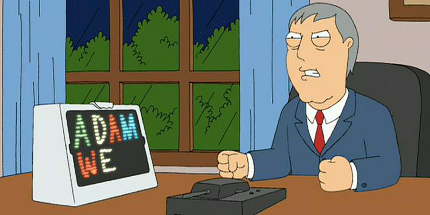 Adam West from Family Guy, sitting at his desk spelling his name on a Lite Brite.