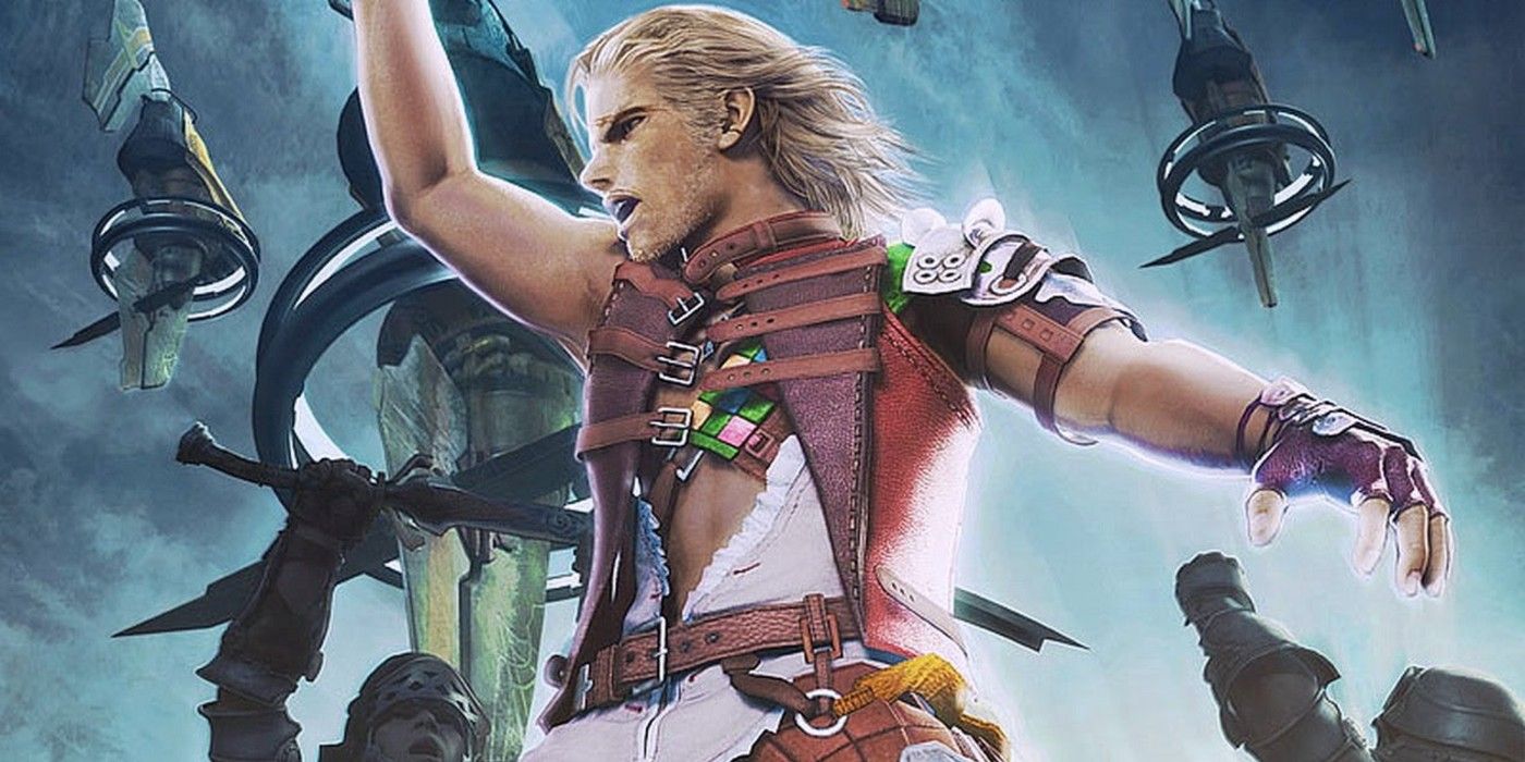 Basch fon Ronsenburg from Final Fantasy 12, in mid-air and among a group of other characters