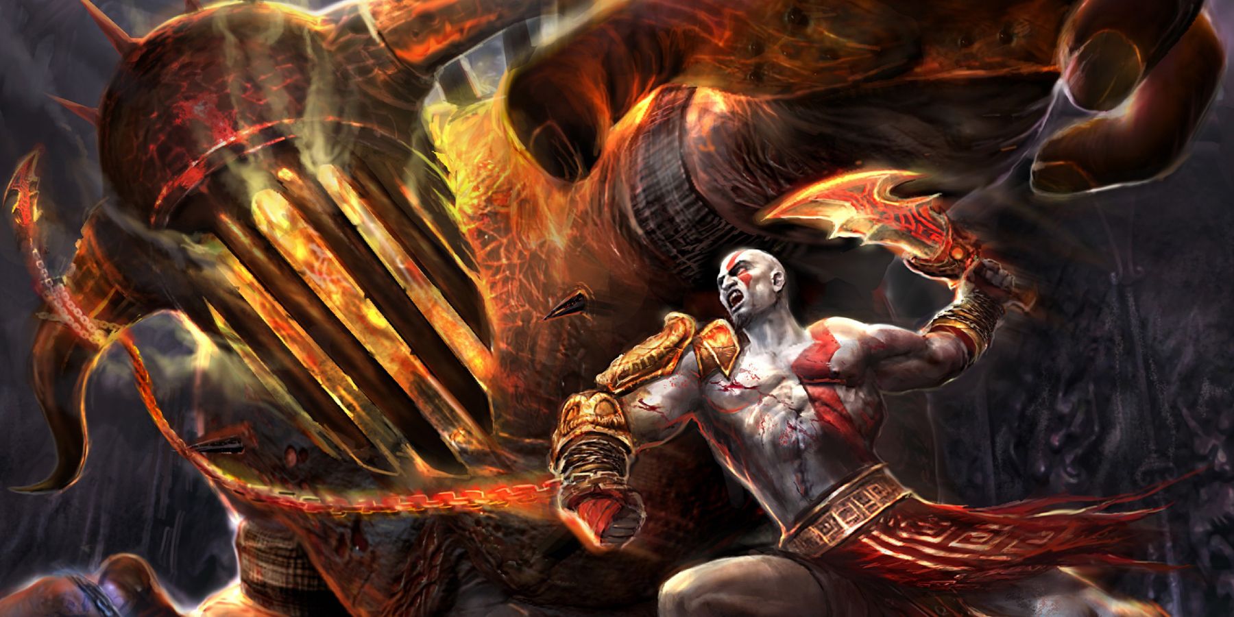 Um Hades gigante estende a mão para Kratos enquanto ele levanta sua arma no videogame de 2018 God of War.