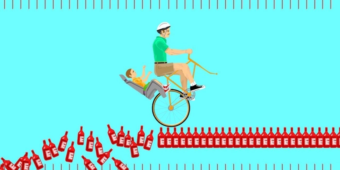 Uma imagem do jogo Happy Wheels mostrando um pai e um filho andando de bicicleta em um percurso.