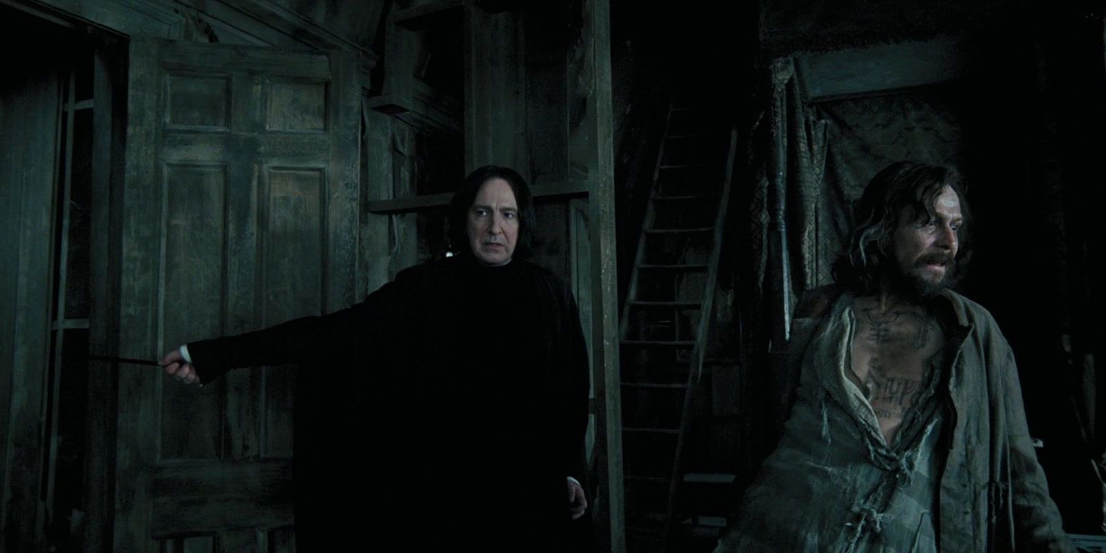 Alan Rickman como Snape confrontando Sirius e Lupin na Casa dos Gritos em Harry Potter e o Prisioneiro de Azkaban