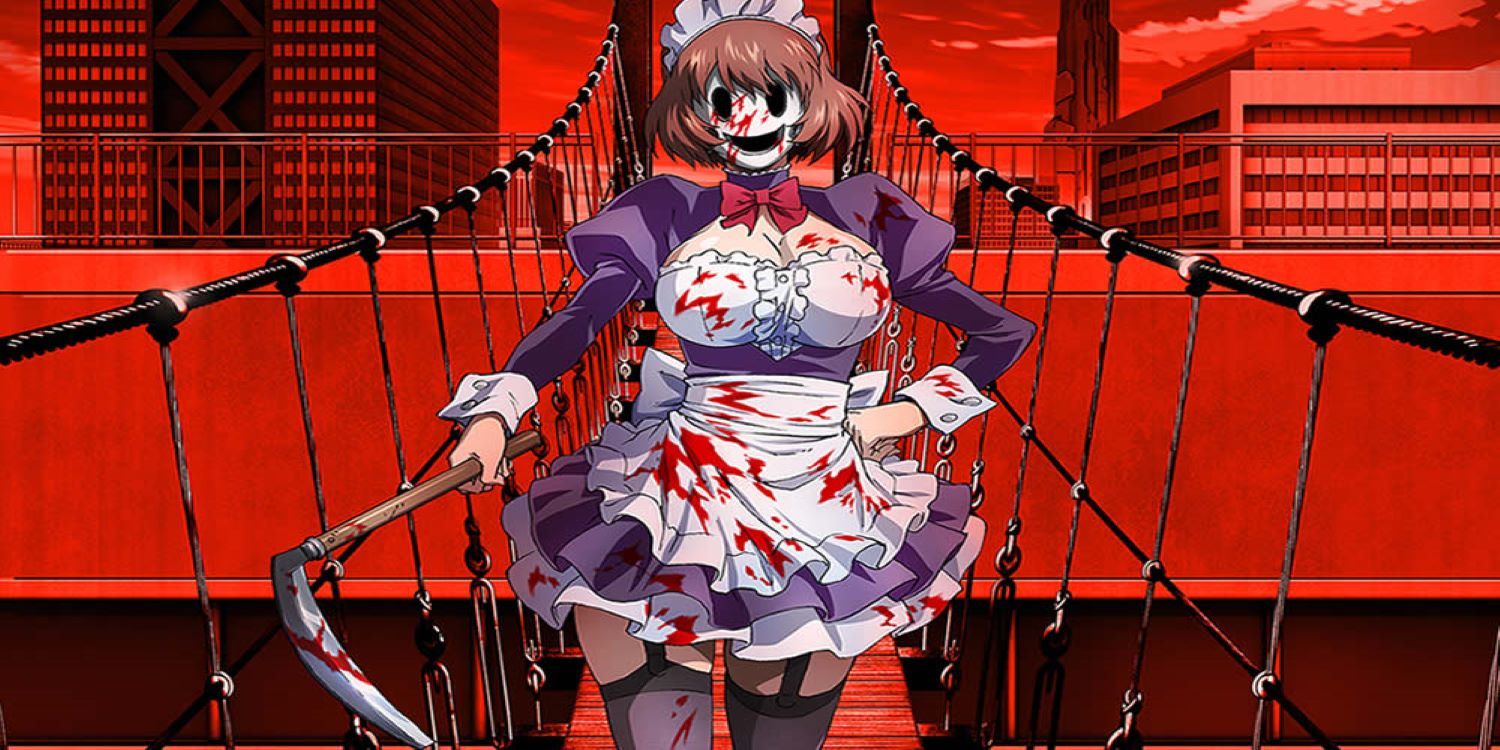 A masked woman in a bloodied maid's outfit standing on a suspending bridge and holding a scythe in High-Rise Invasion.
