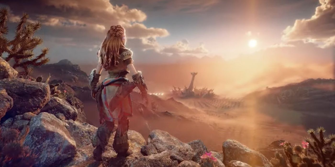 Aloy looking at the sunset in Horizon Forbidden West.
