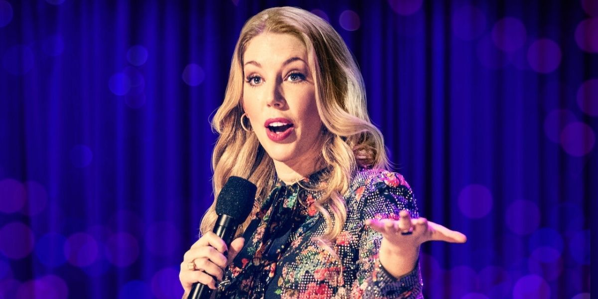 katherine ryan in a shiny top at her Netflix special