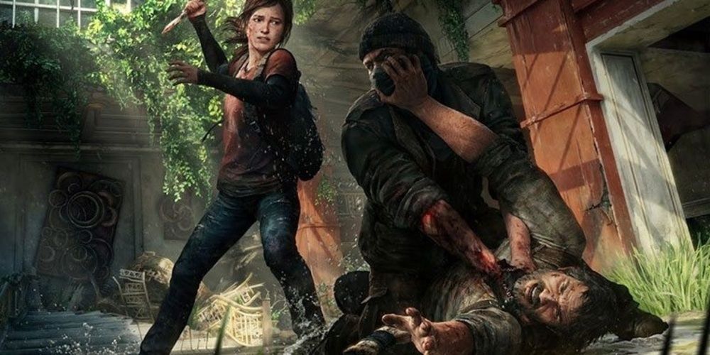 Ellie saving Joel from a zombie in The Last of Us