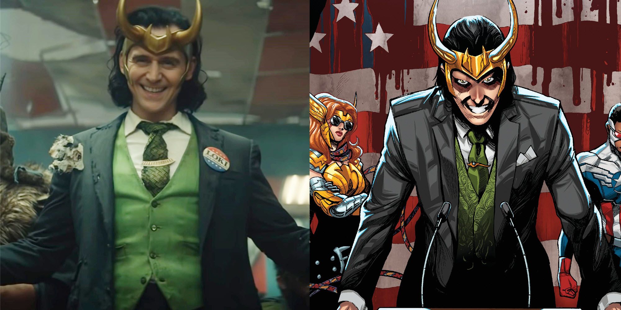 Split image of Tom Hiddlestone in Dinsey+ Loki series and Vote Loki comic wearing similar outfit