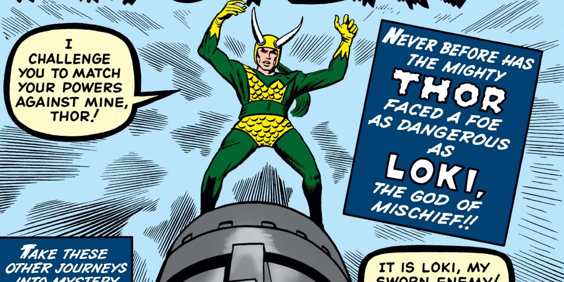 Loki first appearance in Marvel Comics Journey into Mystery 85 in a green-yellow outfit with horns