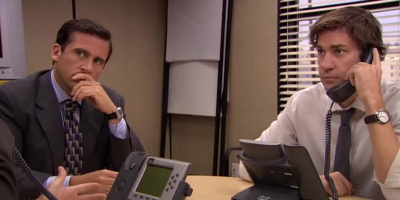 Michael and Dwight on the phone with Jim in The Office