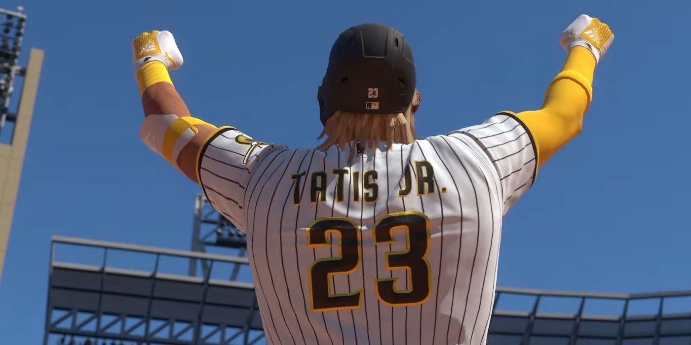 Fernando Tatis points to the sky in MLB The Show