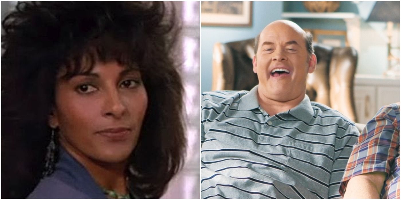 Pam Grier on left and David Koechner on right Bless This Mess split image