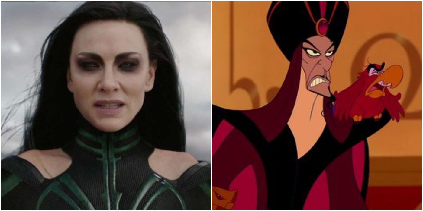 Hela from Thor Ragnarok on left and Jafar and Iago on right