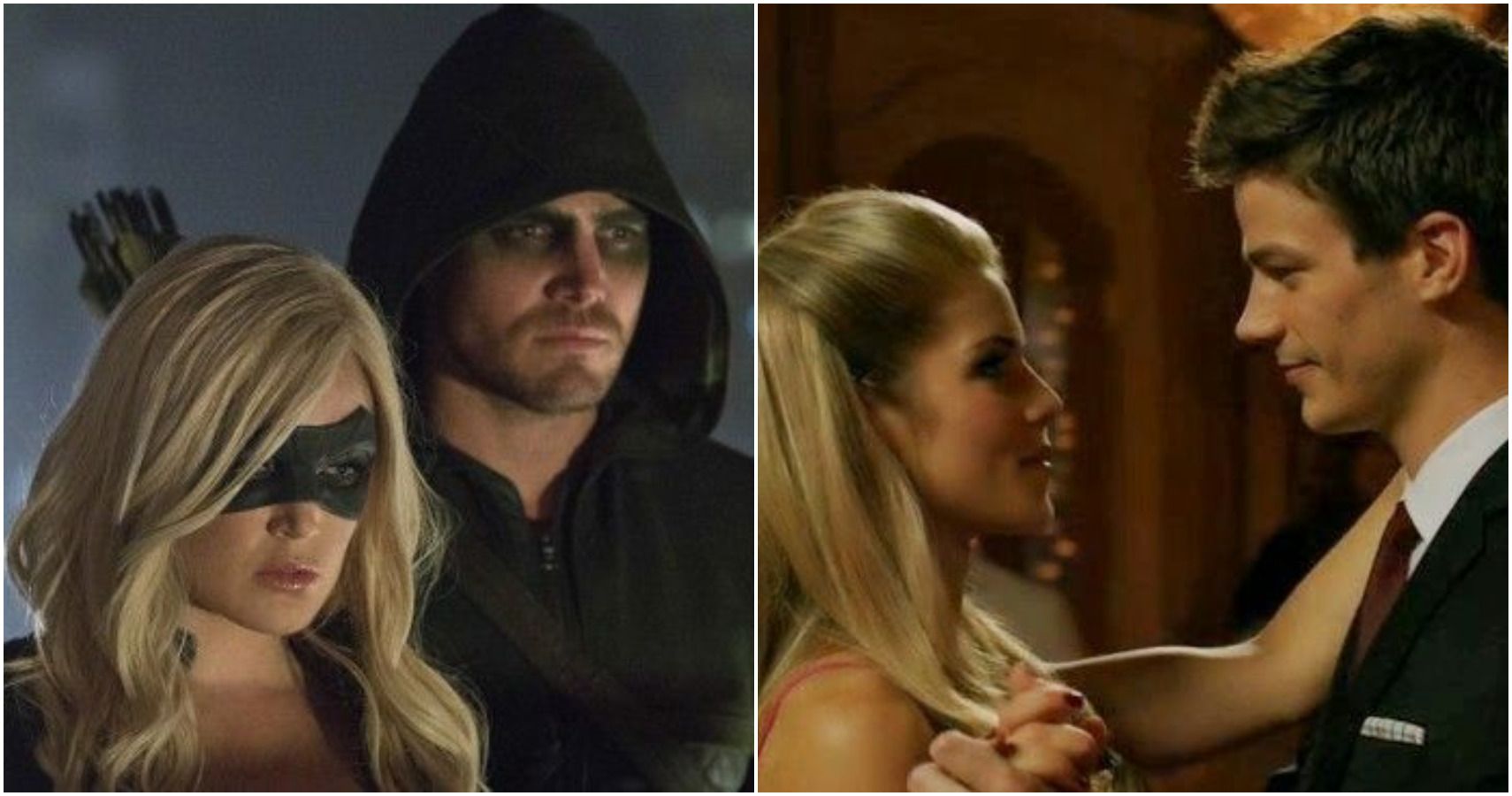 Split image of Oliver and Sara, and Felicity and Barry Allen