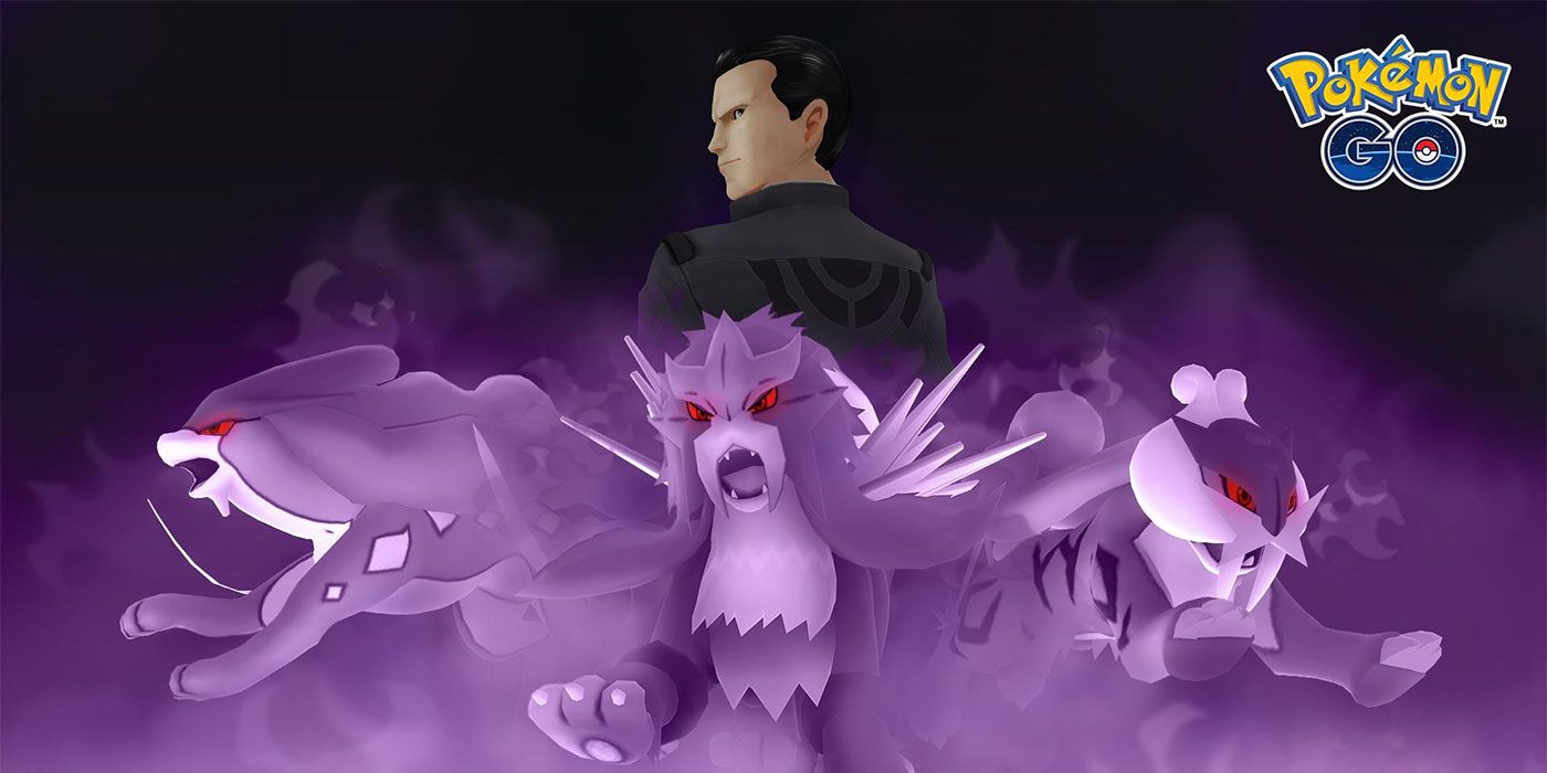 Shadow Suicune, Entei, and Raikou lunge forward in front of Giovanni