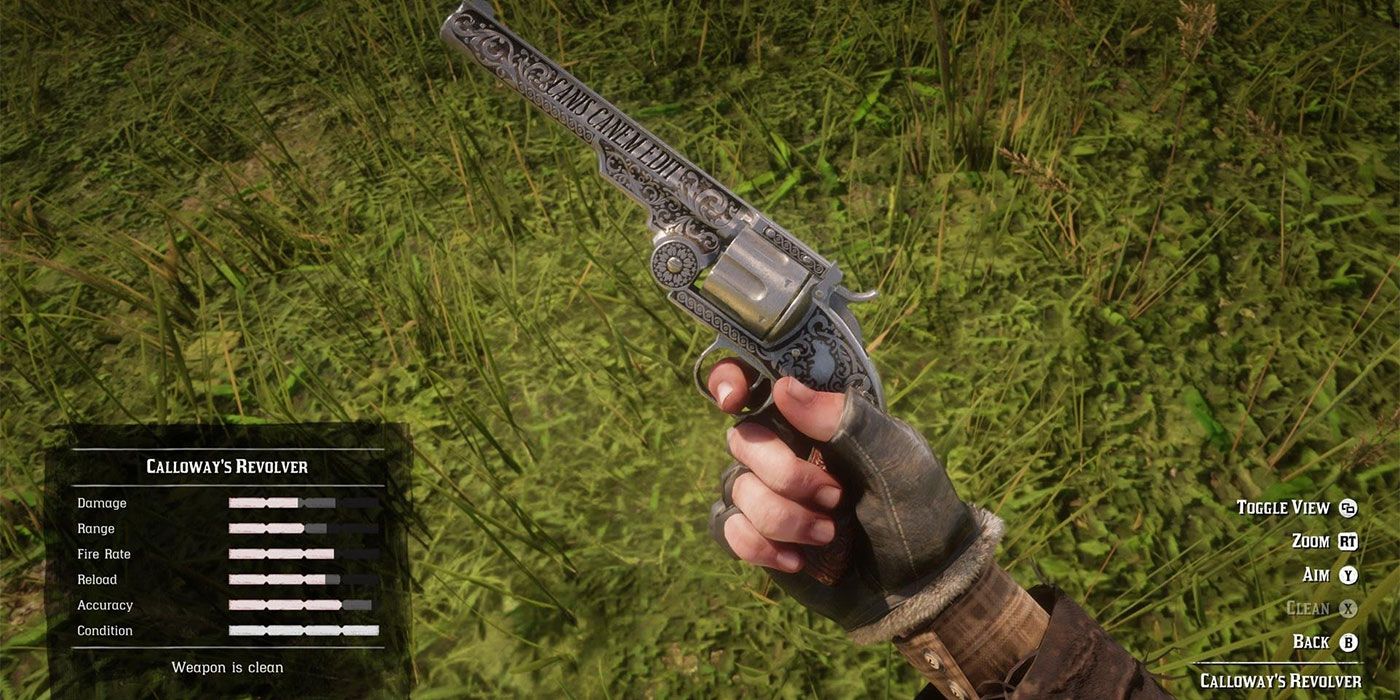 La main d'Arthur avec le revolver de Calloway dans Red Dead Redemption 2