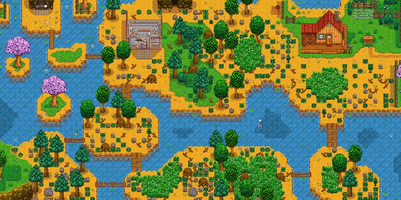 A layout of an undeveloped riverland farm lot in Stardew Valley.