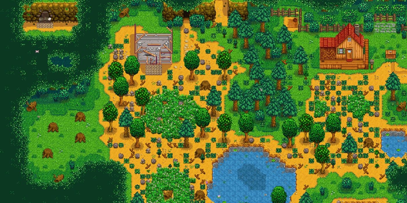 A layout of an undeveloped forest farm lot in Stardew Valley.
