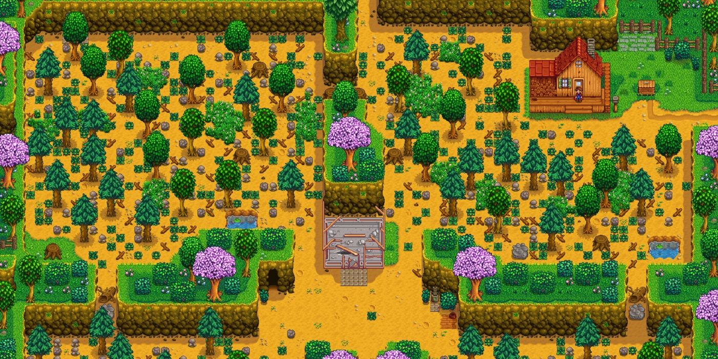 A layout of an undeveloped four-corners farm lot in Stardew Valley.