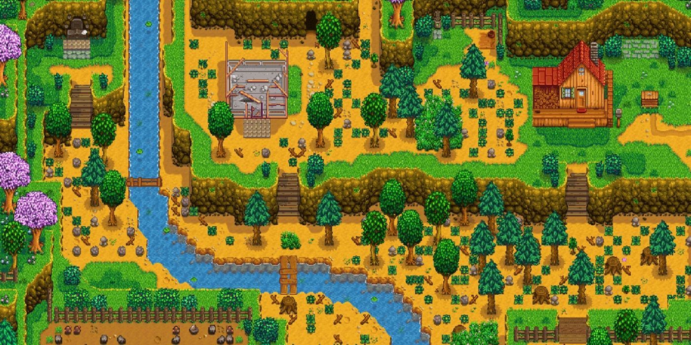 A layout of an undeveloped hill-top farm lot in Stardew Valley.