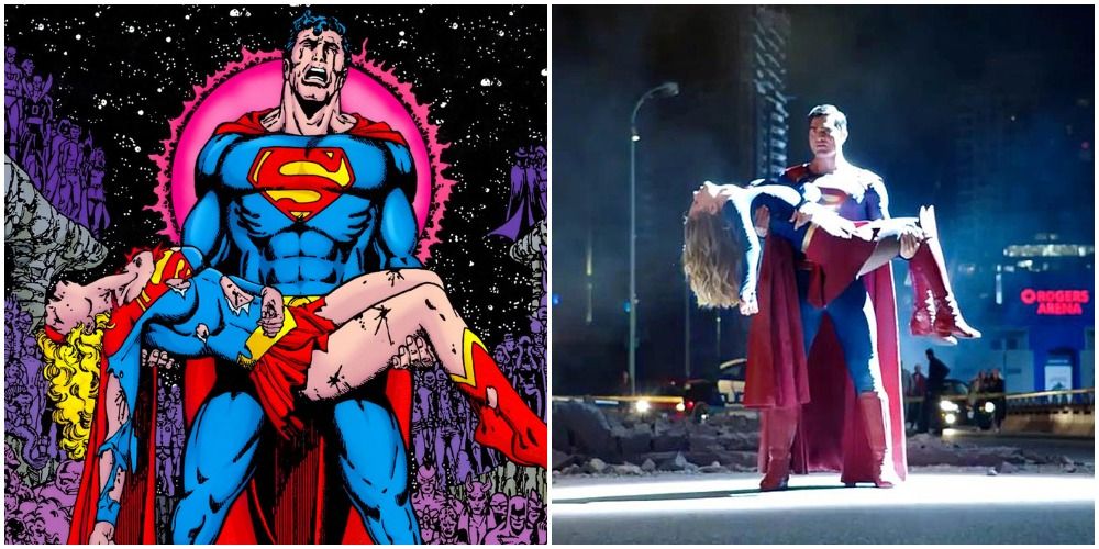 Superman holding a dead supergirl