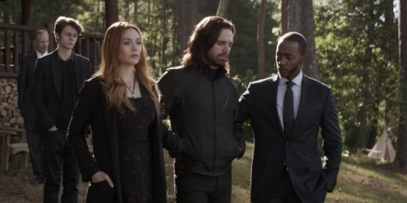 Wanda, Bucky, and Sam at Tony Stark's funeral in Avengers: Endgame
