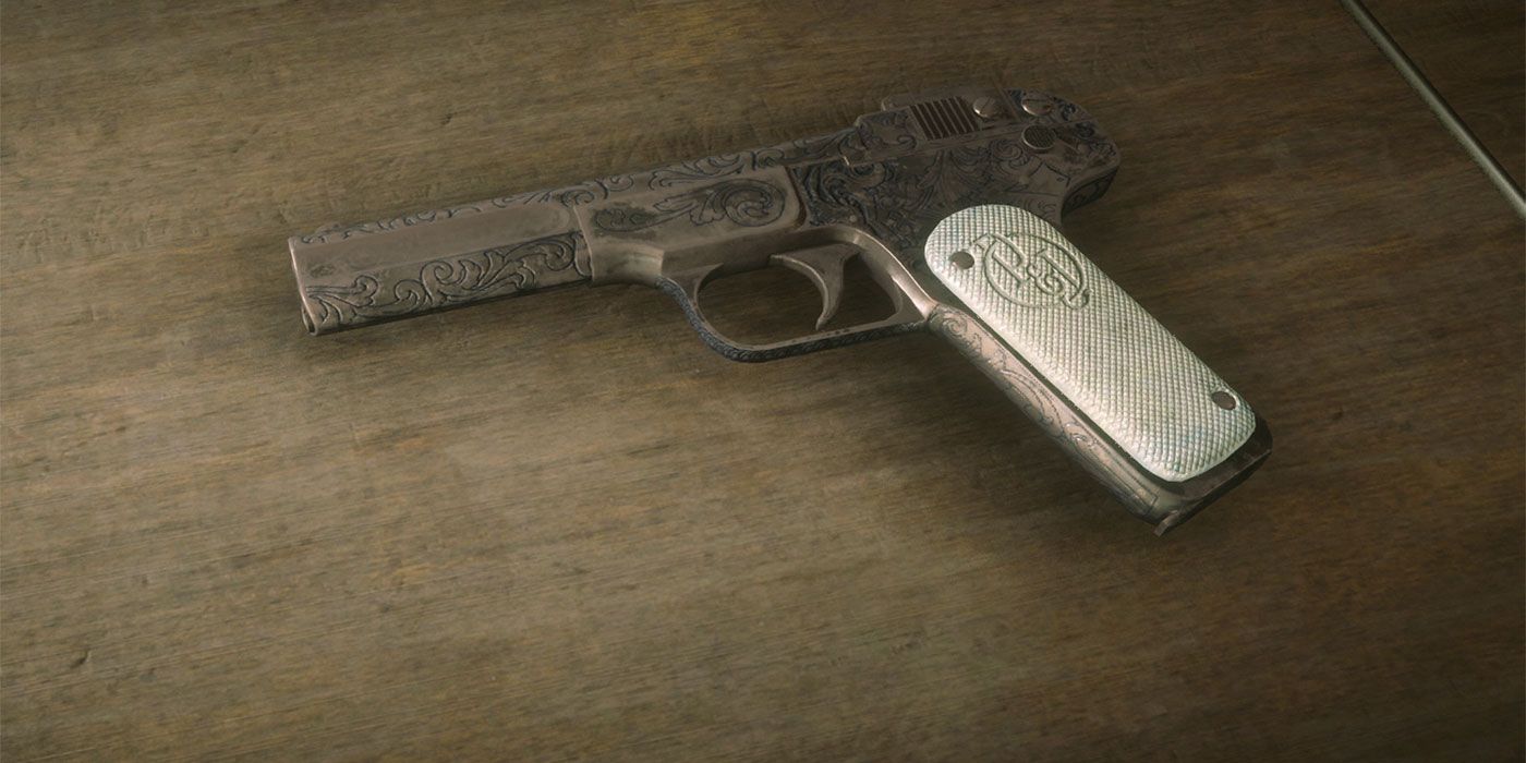 The M1899 pistol on a table in RDR2