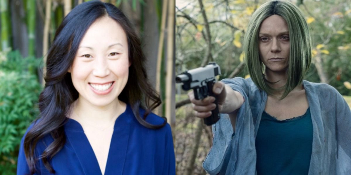 Angela Kang and Lucille pointing a gun.