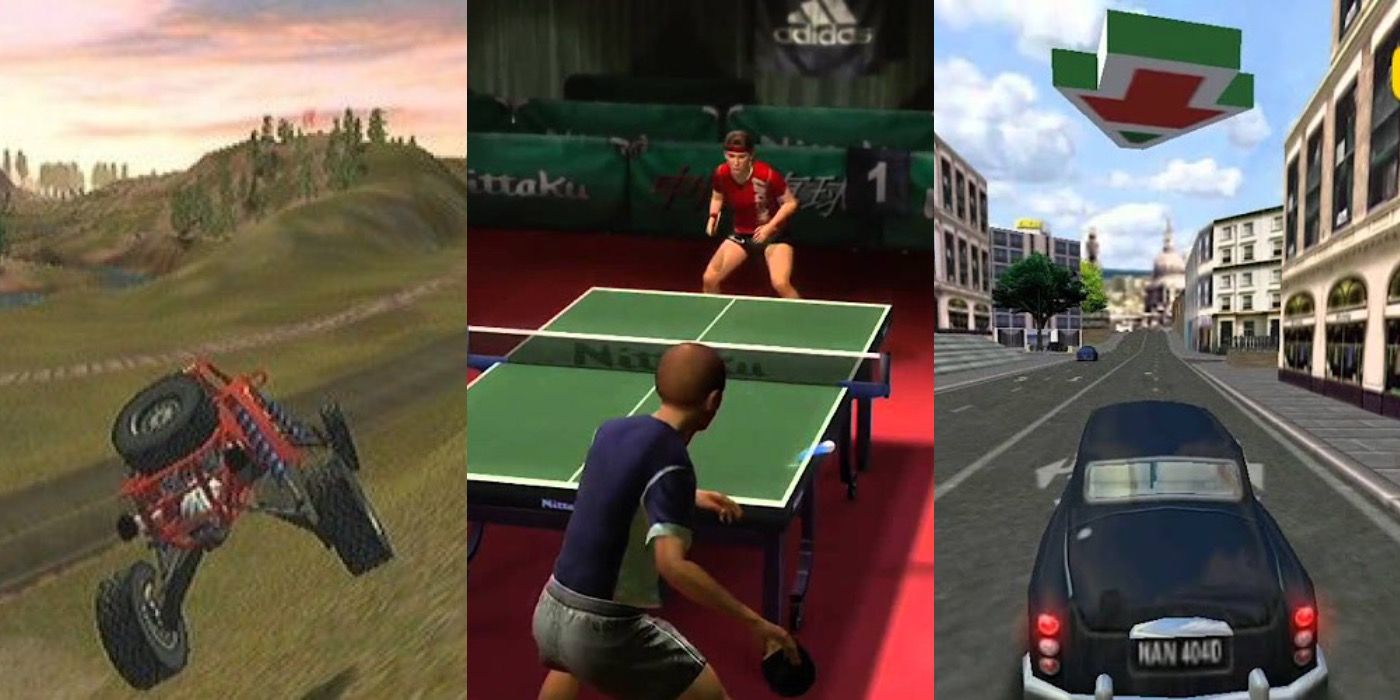 Triple split image of Smuggler's Run, Table Tennis, and The Italian Job games