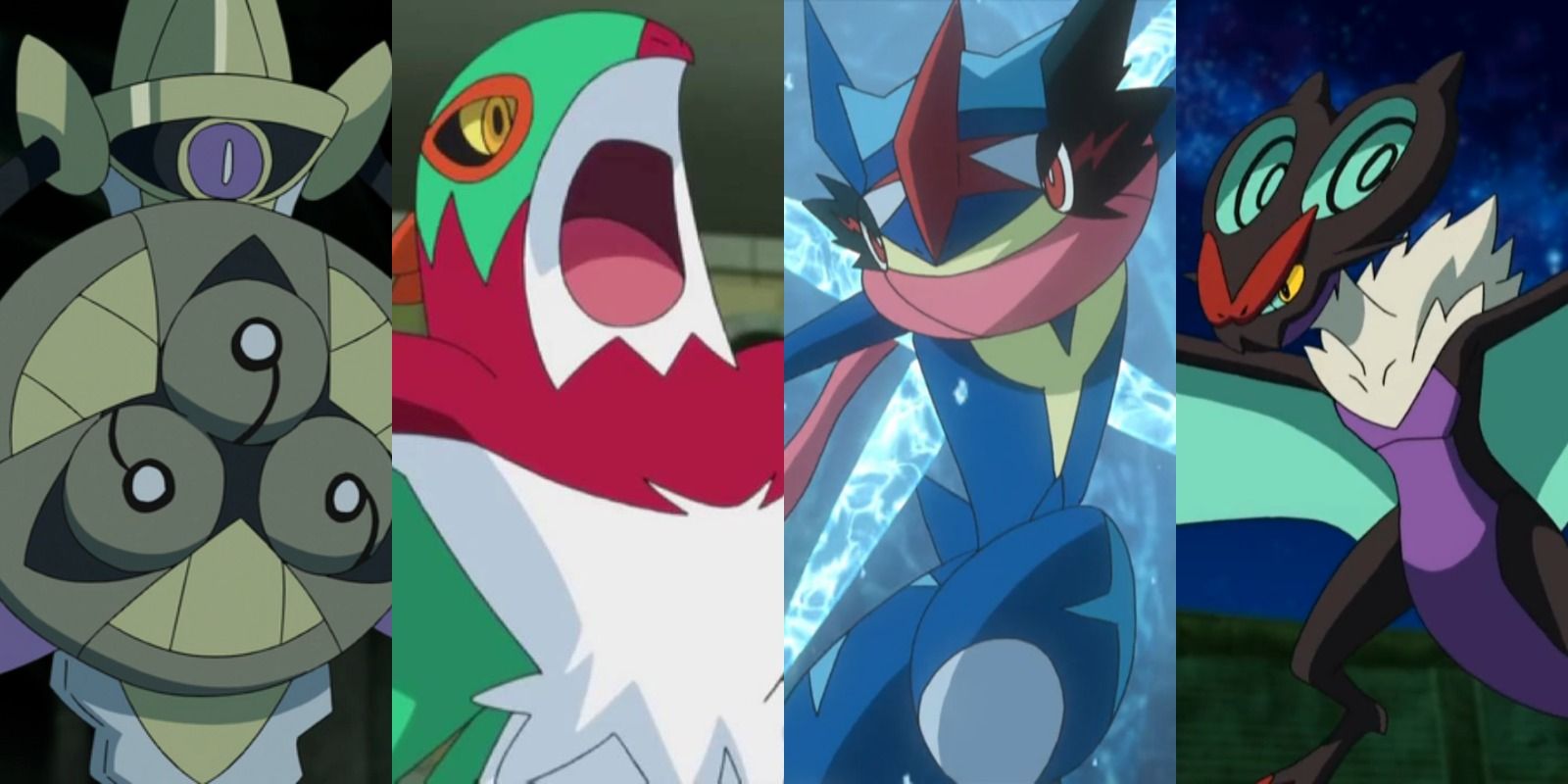 Aegislash, Hawlucha, Greninja, and Noivern in the Pokémon anime
