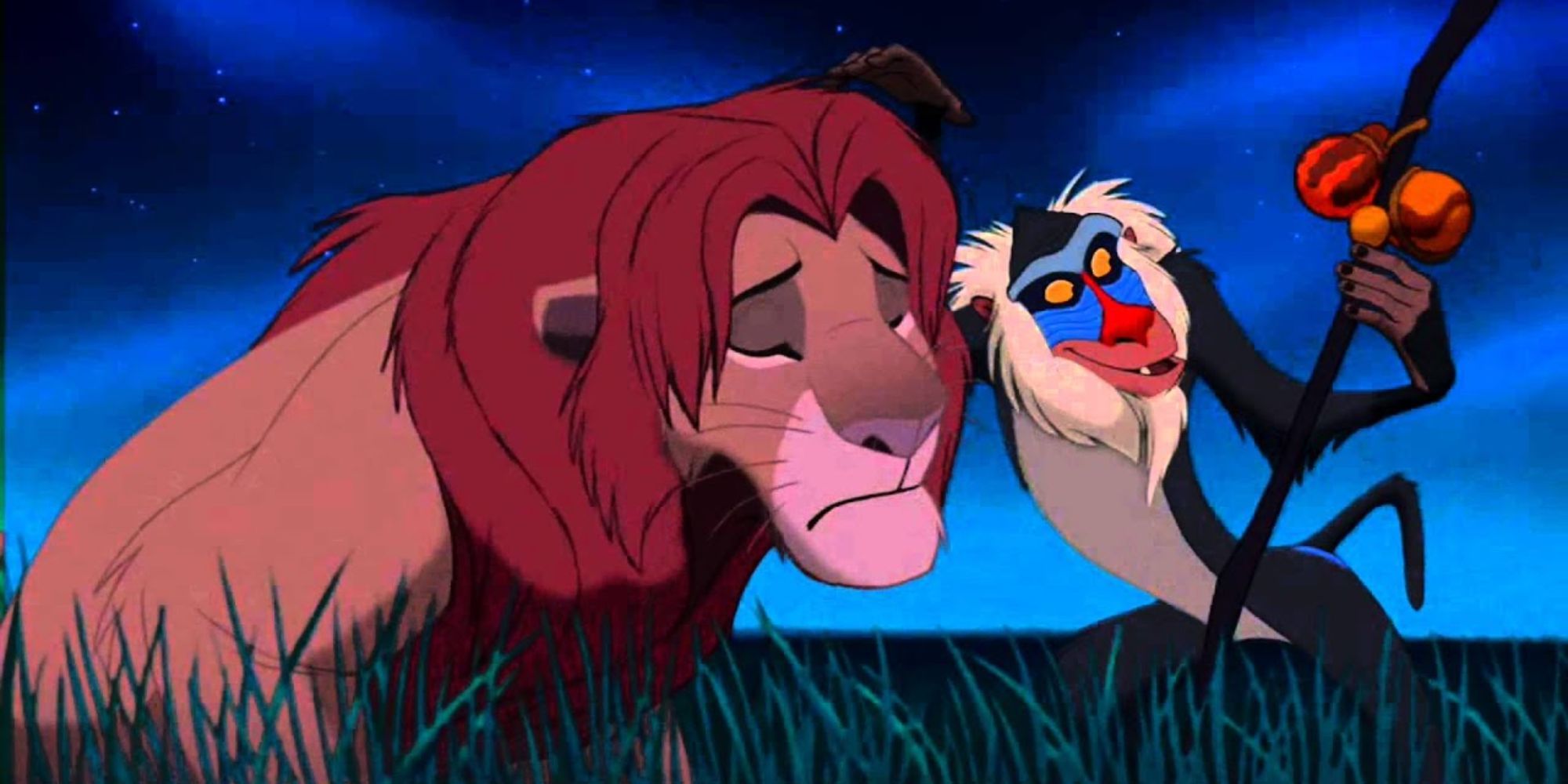 Rafiki leans on Simba&rsquo;s head