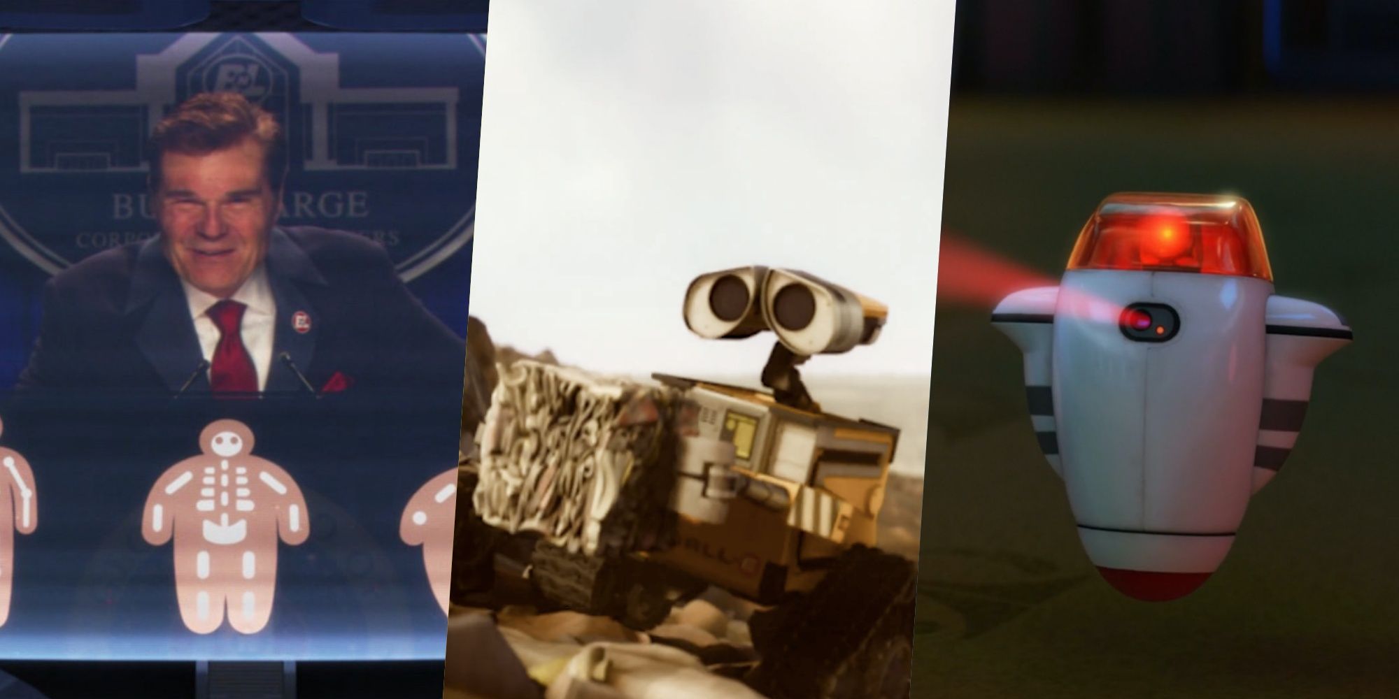 Uma imagem dividida que mostra várias cenas de Wall-E.  Um com os humanos, um com Wall-E e outro com os droides de segurança