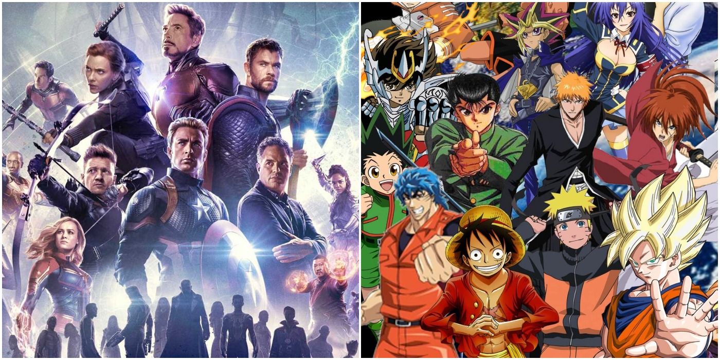 Split image of a collage of MCU characters and anime villains