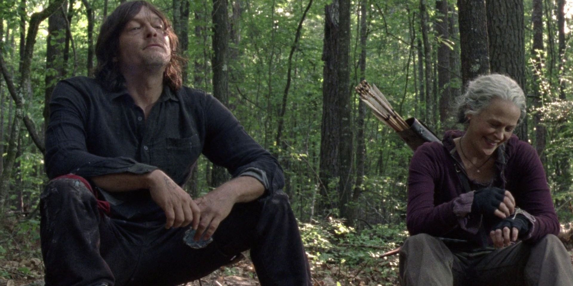 Daryl and Carol sitting with the friendship bracelet in Season 10 Episode 1 of The Walking Dead
