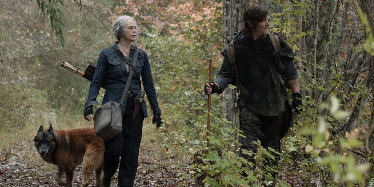 Daryl and Carol and a dog walk in the woods in The Walking Dead