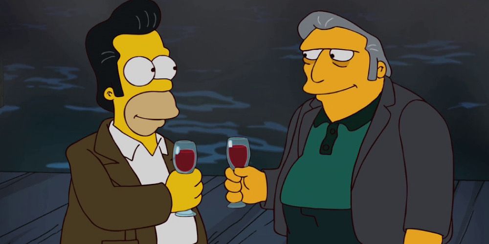 Fat Tony and Homer drinking wine together 