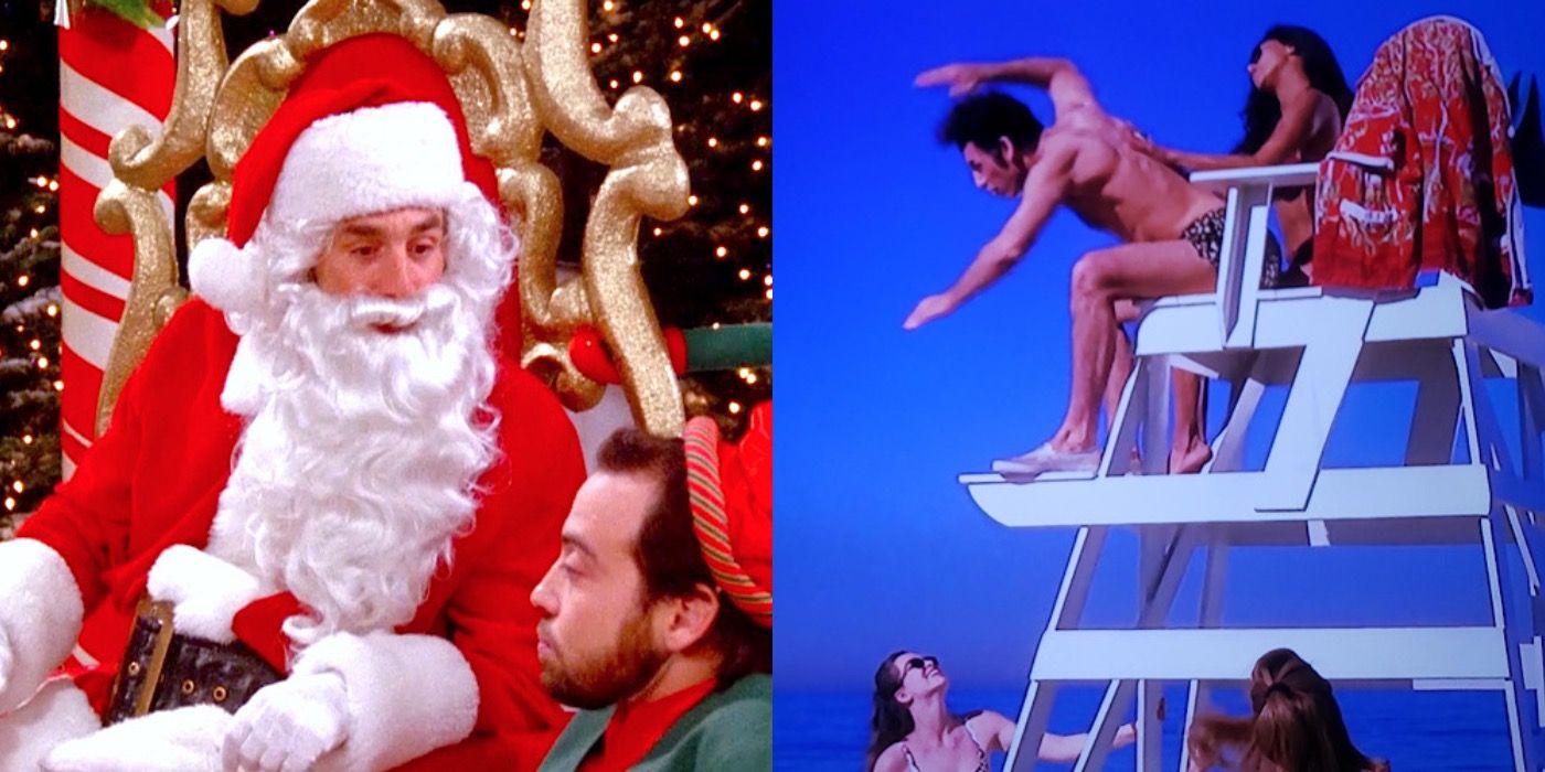 Split feature image of Kramer as both a Mall Santa and a lifeguard