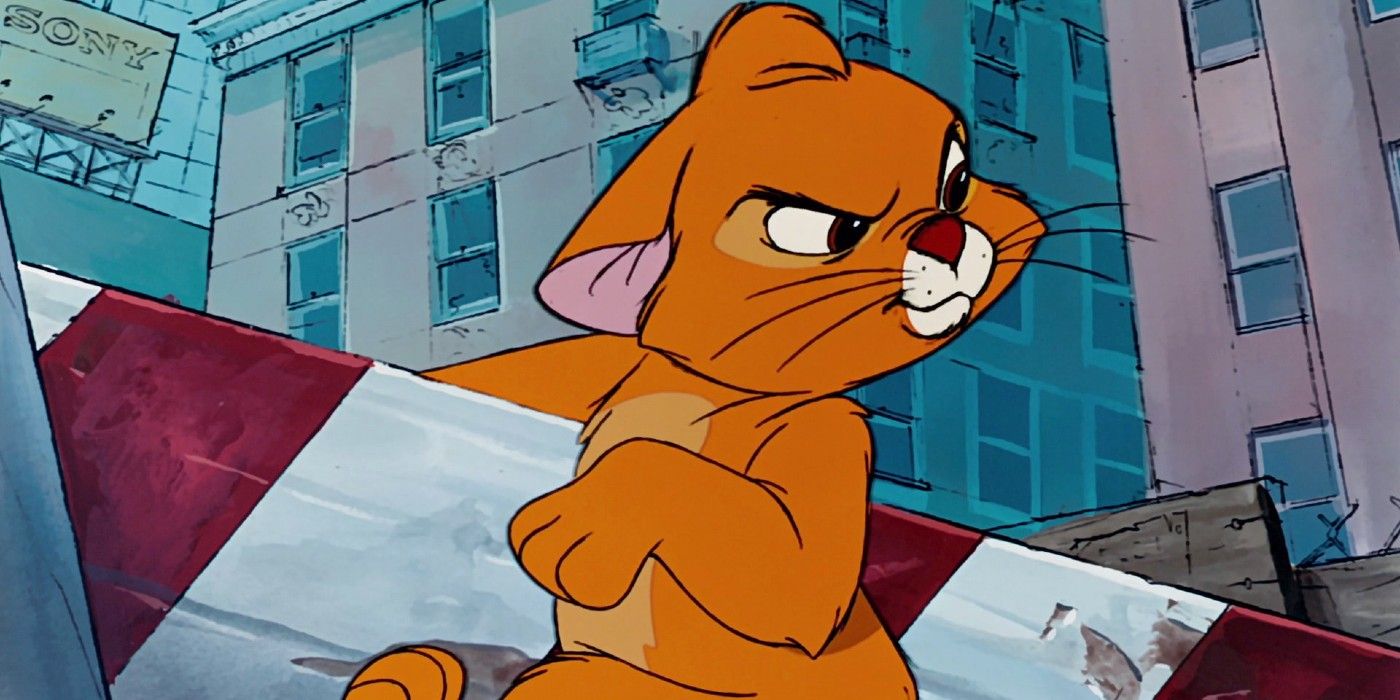 Oliver cat in Oliver &amp; Company looking angry off to the side.