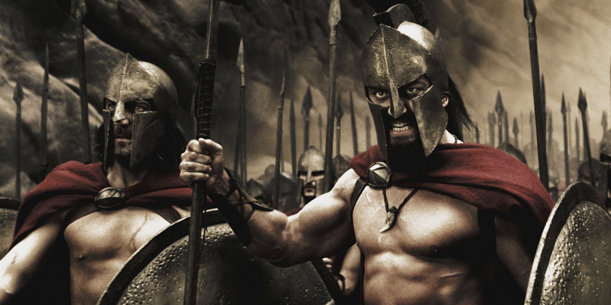 Spartan soldiers hold spears and shields in 300