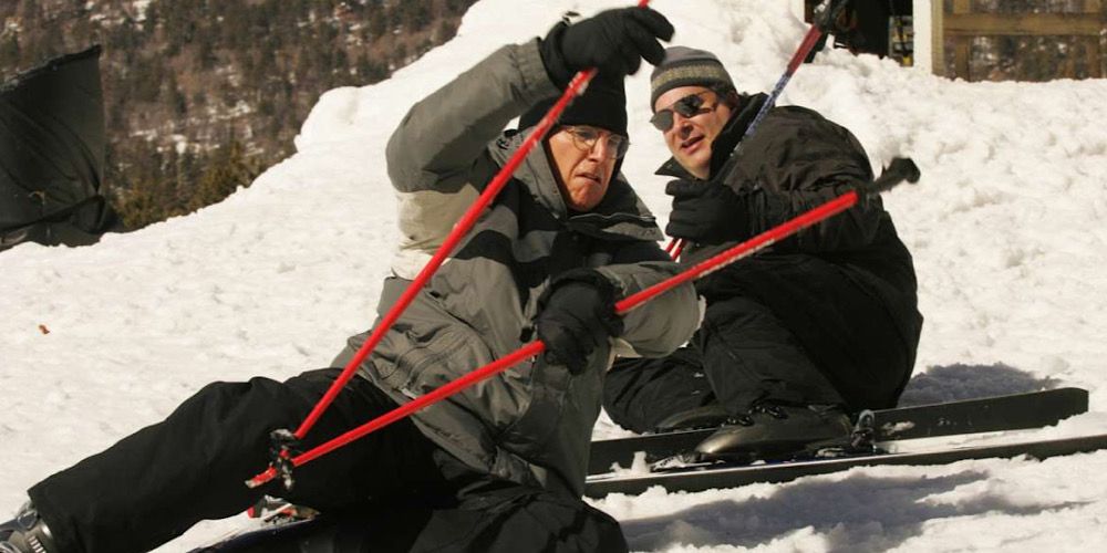 Larry falls over while skiing in Curb Your Enthusiasm